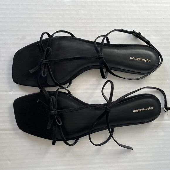 Reformation Maya Strappy Flat Sandals Sz 11 Ankle Strap Bow Detail Black Leather - Picture 10 of 15